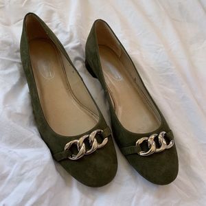 Suede green work flats with silver accent